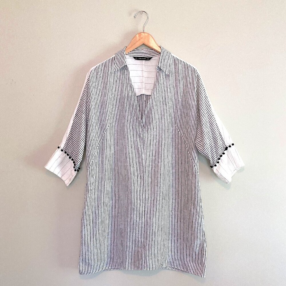 ZARA Tunic Black and White Striped Linen Cotton Blend Sz S